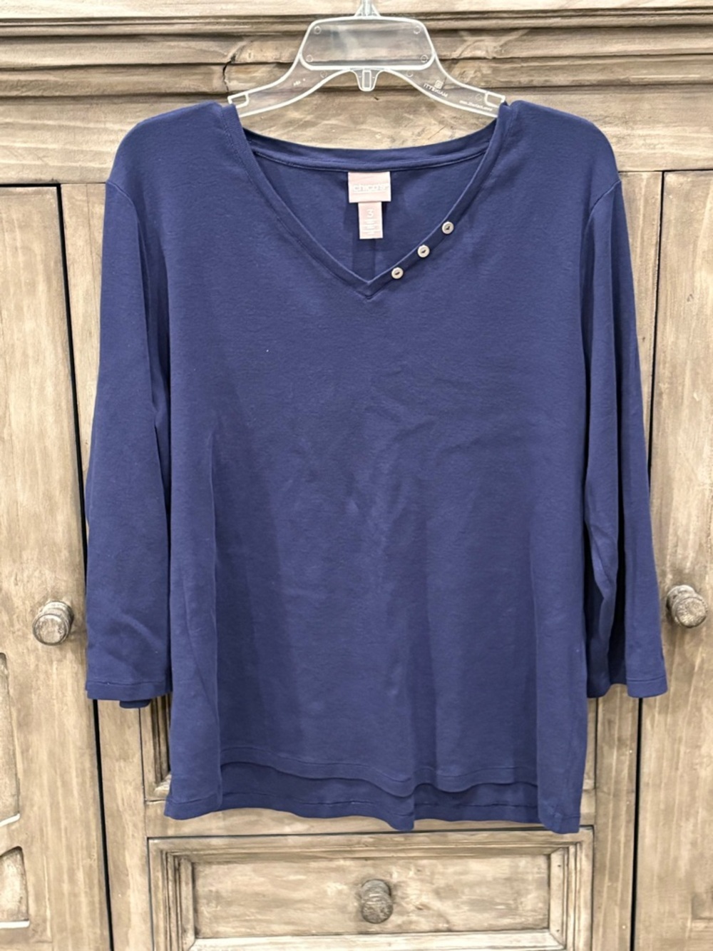 EUC Women’s CHICO’S Navy Blue Button Neck 3/4 Sleeve Top (XL)